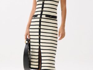 Striped Knit V-neck Column Midi Dress