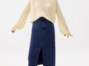 Striped Denim Column Midaxi Skirt